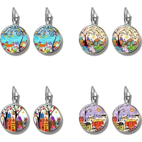 Hot Selling Colorful House and Tree Women French Hook Earrings Abstract Oil Painting House Glass Cabochon Girls Earring Jewelry