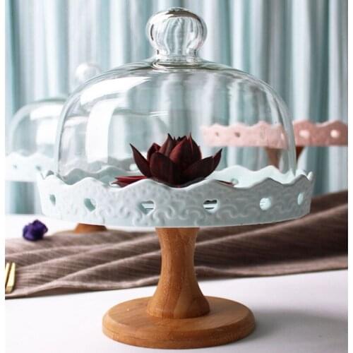 European-style Ceramic Tall Fruit Tray Creative Solid Wood Base Dessert Table Tray Living Room Fruit Tray Display Rack Cake Tray