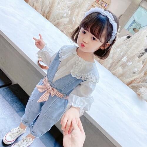 Kids Clothing Sets Lace Girls Shirt+Denim Overalls+Belt 3Pcs/set Children Clothes Outfits 1-6Y 2 Color