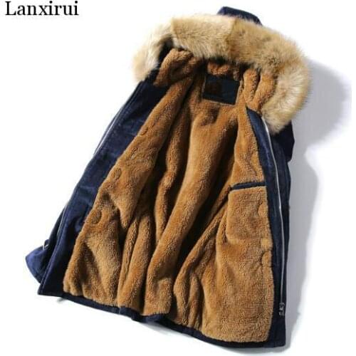 Lanxirui Winter Jacket Coats Men New Fashion Casual Hooded Fur collar Long coat Mens thick warm Horn Button jacket Coats Man