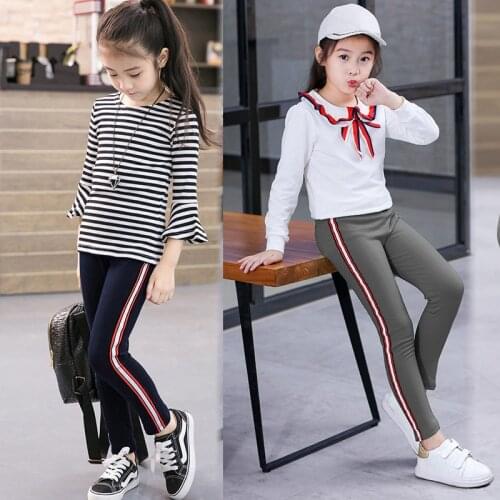 2020 Kids Girls Sports Pants Elastic Stripe Full Length Boys Leggings Summer Casual Girls Trousers Size 3 6 8 10 12 14 Years