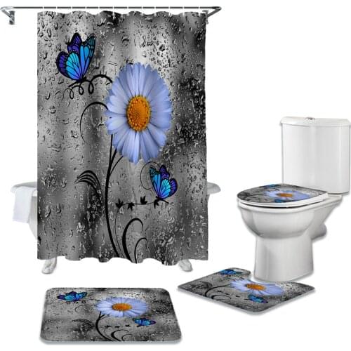 Small Daisy Flower Butterfly Glass Drops Shower Curtain Sets Non-Slip Rugs Toilet Lid Cover and Bath Mat Bathroom Curtains Set