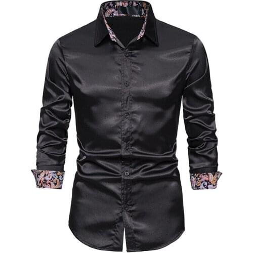 PARKLEES Mens Paisley Patchwork Satin Silk Dress Shirt Smooth Slim Fit Tuxedo Shirts for Men Wedding Party Button Up Camisas
