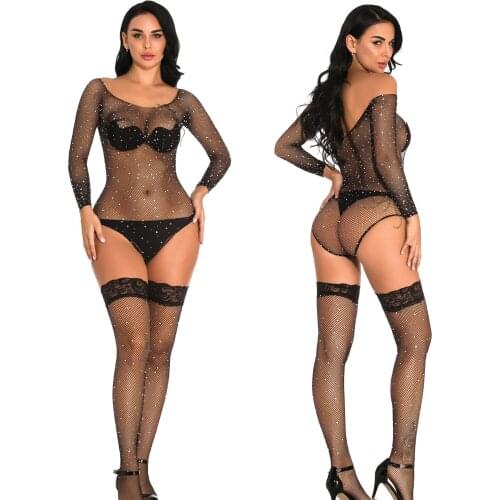 OMSJ 2020 New Women Sexy Hollow Out Mesh Sheer Bodysuit Black Fishnet Diamonds Long Sleeve Backless Bodysuit With Lace Stockings