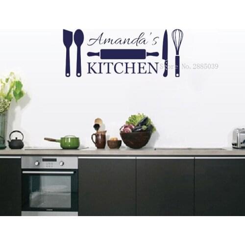 Personalized Kitchen Vinyl Wall Sticker Kitchenware Kitchen Restaurant Room Stickers Wall Decal Custom Name Decorative Art LL132