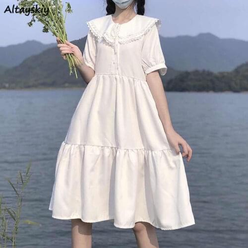 Dresses Women Summer Kawaii Students Vestidos Leisure Fashion Female Peter Pan Collar Sweet Korean Preppy Style Loose Stylish