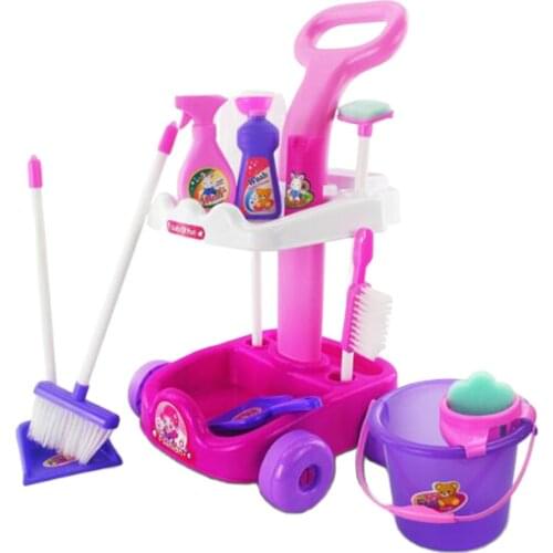 1 Set Simulation Kids Cleaning Trolley Cart 12pcs Playset Role Play Toy