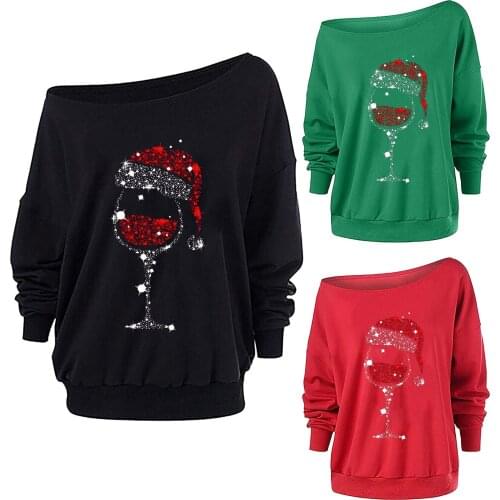 Womens Harajuku Hoodie Sweatshirt Casual Skew Collar Christmas Print Long Sleeve Pullover Top Blouse Sudaderas Mujer