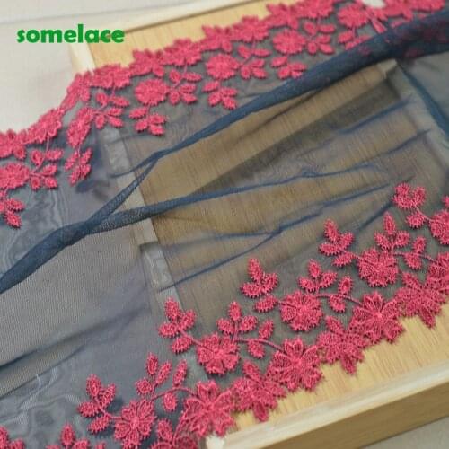 1Yd 30cm Wide Black Gazue Red Mirror Floral Embroidery High Quality Lace Trim For Garments And Wedding Decoration Scarf Skirt