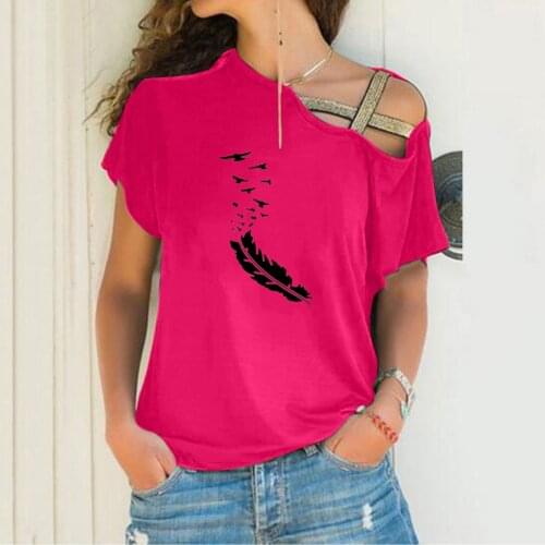 Open One Shoulder Womens T-Shirts Plumage Print Women Ladies Casual Cross Shoulder Irregular Summer Top Short Sleeve T-Shirt