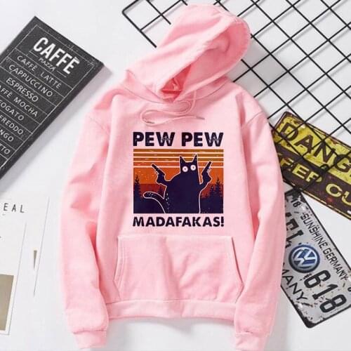 Pink Cat Pew Pew Madafakas Funny Cat Gangster with Gun Hoodies Women Harajuku Ullzang 90s Sweatshirt Korean Style Hoody Female