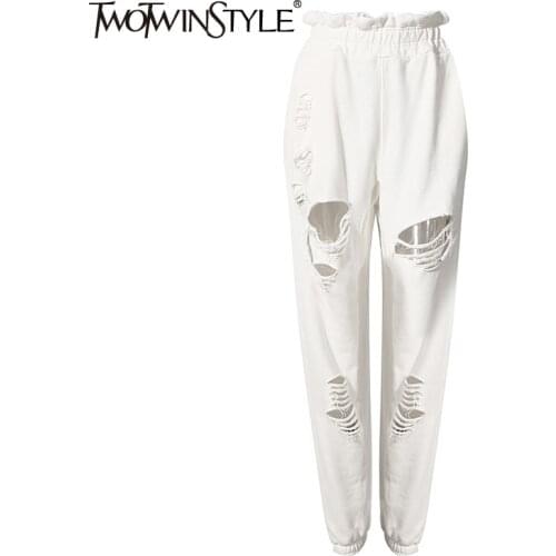 TWOTWINSTYLE Streetwear Patchwork Hole Tassel Pants For Women High Waist Hollow Out Casual Trousers Female 2020 Fall Fashion New