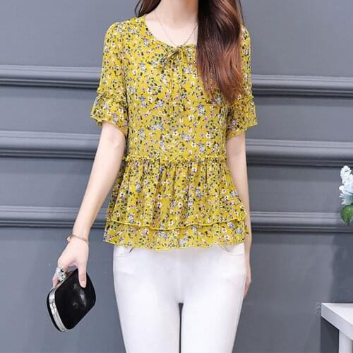 Womens Spring Summer Style Chiffon Blouses Shirt Womens Printed Ruffles Short Sleeve O-neck Elegant Tops SP110
