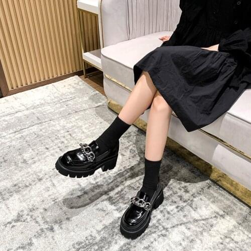 2021 new small fragrant style metal chain shoes womens thick heel fashion square toe platform platform shoes