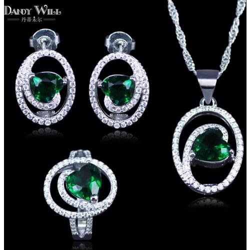 Russian Trendy Style Heart Green Zirconia White Crystal Silver Color Jewelry Sets For Women Earrings/Pendant/Rings