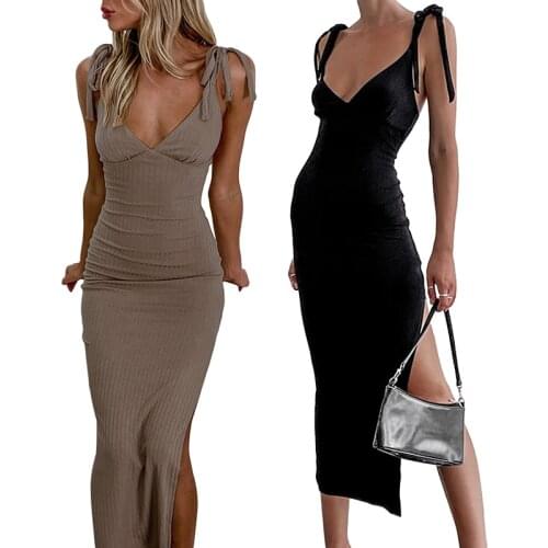 2021 Black Elegant Fashion Bow Straps Sexy Summer Dress Women Backless Midi Dresses Sleeveless Split Womens Party Dress Robe