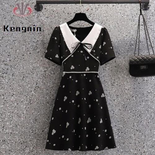 Summer Dress French Style Vintage Short Puff Sleeve Ladies Vestidos Dresses Cute Print Peter Pan Collar Women Robe Dress KE1608
