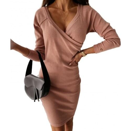 2021 Sexy Women Solid Color Deep V Neck Long Sleeve Knitted Bodycon Knee-length Wrap Dress платье