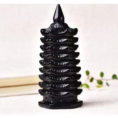120MM Natural obsidian new nine - story Wenchang Tower black gem tower home decoration