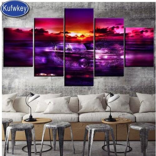 Diamond embroidery 5 piece 5 d diy diamond painting Beautiful purple sunset car full square round diamond mosaic wall art