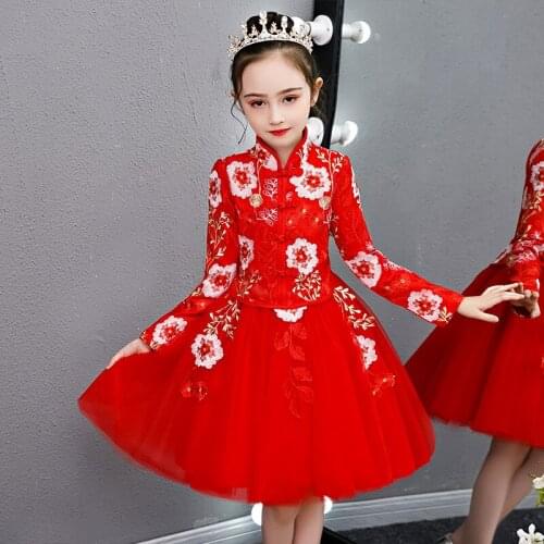 Flower Girls Dress Kids Wedding Party Dresses Evening Fancy long Chinese Han Fu Dress Princess Children New Year Dress
