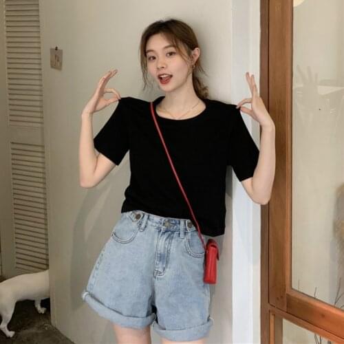 T-shirts Women New Black Loose O-Neck Casual Vintage Korean Preppy Girls Short Tops Sweet Summer Female Tees