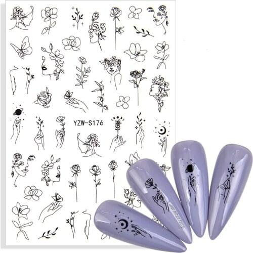 Geometric 3D Nail Sticker Art Line Rose Flowers Adhesive Sliders for Nails Foil Decals Designs Manicure Decorations Accessories