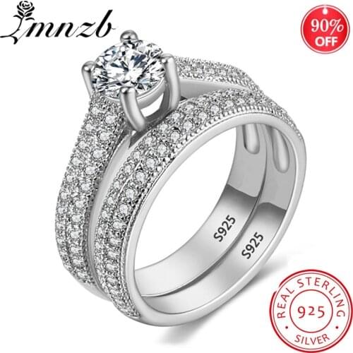LMNZB With Certificate 925 Sterling Silver Ring 6mm Round Diamond Band Jewelry Fashion Female Bague Bijoux 2Pcs/set