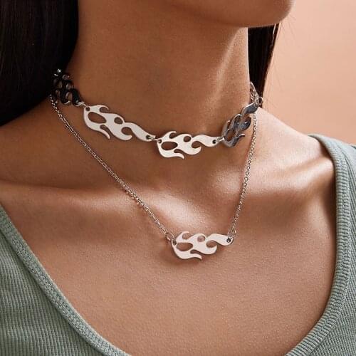Punk Multi Layered Necklace Hip Hop Rock Fire Flame Charms Chokers Necklaces For Women Fashion Jewelry Accessories