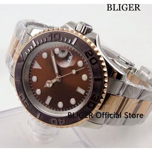 Sapphire Crystal 40mm BLIGER Coffee Dial Ceramic Bezel Luminous Marks Two-Tone Bracelet Miyota Automatic Movement Mens Watch