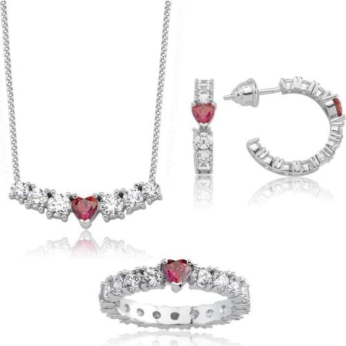 Valori Jewels 6 Carat, Zirconia Red Heart And White Round Gemstone, Rhodium Plated, Sterling Silver Trio Set