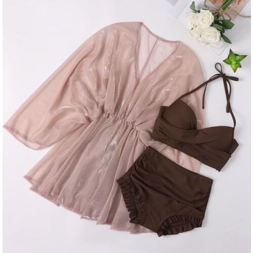 2021 New Swimsuit Women Three-Piece Blouse Sun Protection Bikini Sexy Conservative Cover Belly Thin Cool Fairy Hot Spring