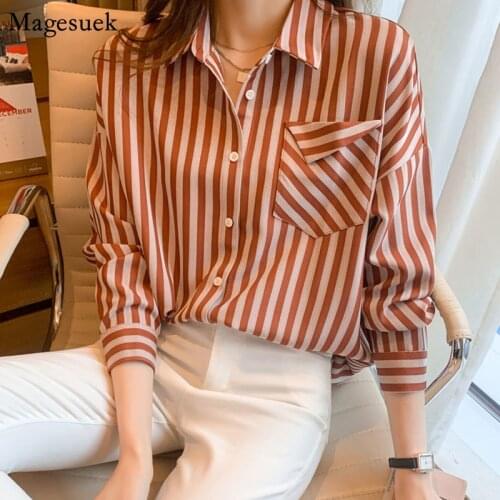 Office Lady Striped Chiffon Blouse Shirt Women Plus Size Loose Shirts Tops Female New Spring Button Casual Blouses Blusas 13018