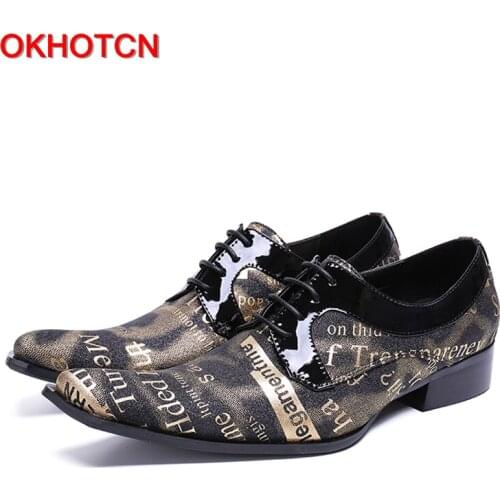 OKHOTCN New Hot sale red letter printed man Oxfords shoes man formal business party wedding shoes pointed toe lace-up shoes