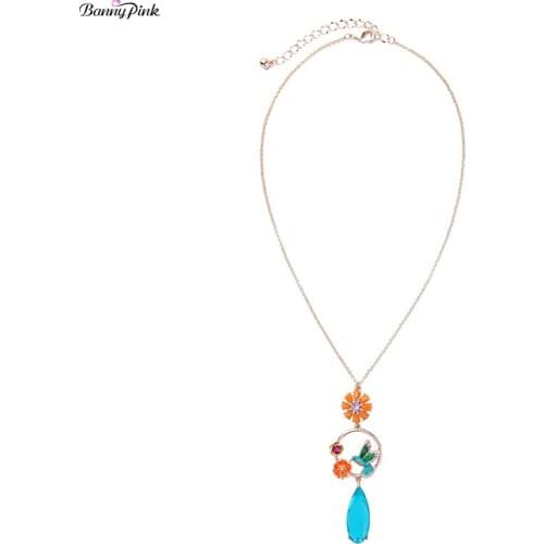 Cute Enamel Flower Bird Charms Necklace For Gift Chunky Crystal Pendant Necklace Fashion Jewelry Colliers Metal Chain Necklace