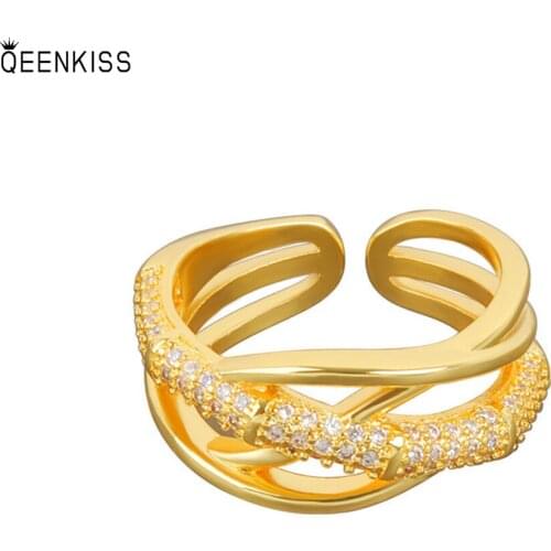 QEENKISS RG649 Fine Jewelry Wholesale Fashion Woman Girl Birthday Wedding AAA Zircon Cross 18KT Gold White Gold Opening Ring