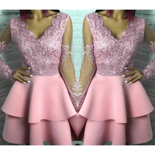 Pink Cocktail Dress Arabic Dubai Long Sleeves Knee Length Formal Club Wear Homecoming Prom Party Gown Plus Size