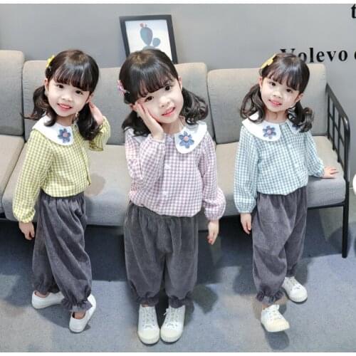 Children Cotton Spring Autumn Baby Girls Clothes Flowers plaid shirt Pants 2Pcs/sets Out Kid Fashion Toddler Clothing Tracksuits