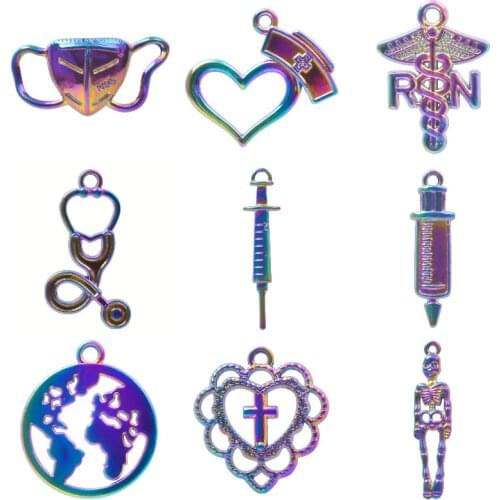 10Pcs Medical Tools Nurse Hat Needle Charms Alloy Syringe Stethoscope Pendant For Necklaces Keychain Doctor Gift Jewelry Making