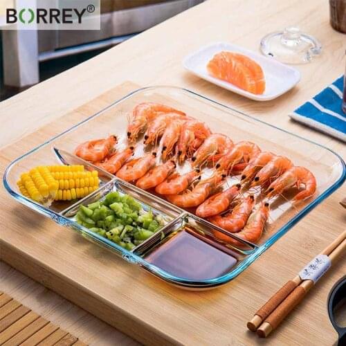 BORREY Glass plate Food Tempered Glass Fruit Plate Microwave oven Heating Separation Tray Dessert Snack Plate Creative Home