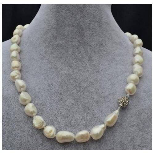 Unique Pearls jewellery Store Real Pearl Necklace 18'' 11x14mm White Baroque Genuine Freshwater Pearl Rhinestone Magnet Clasp