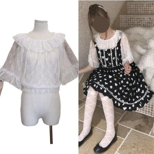 Lolita Harajuku Lace Mesh Chiffon See Through Sheer Inner Ruffle Half Sleeve Off Shoulder T-Shirt Blouse Top Tee TShirt Costume