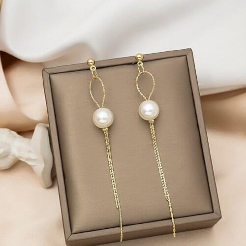 Womens Fashion Simple Long Tassel Pearl Earrings 2021 Korean Temperament Woman Wedding Date Golden Line Earrings Jewelry