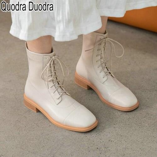 Ankle Martin Boots new Winter Autumn Women solid Thick High Heels Square Toe Casual chunky lace Genuine Leather big size 33 41