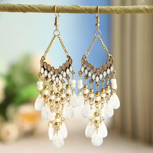 Summer Beach Fan-shaped Acrylic Beads Tassel Earrings Fashion European & American Beige Long Earrings Women Accessories Eardrop
