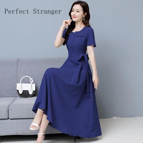 2021 Summer New Arrival Hot Sale M-3XL Round Collar Short Sleeve Women Cotton Linen Long Dress