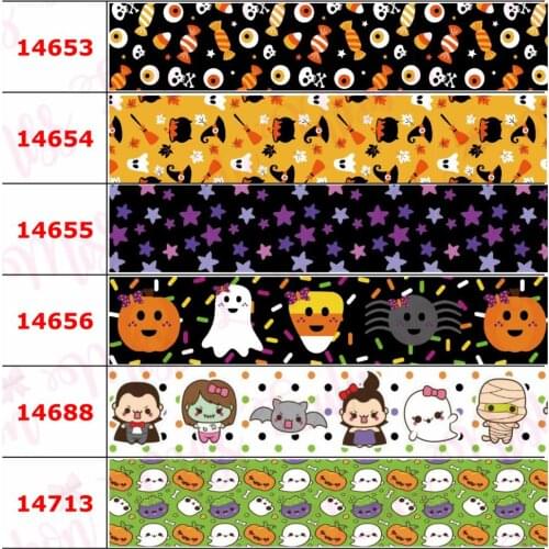 16mm-75mm Halloween Series Pumpkin Star Candy Ghost Printed Grosgrain/Foe Ribbon Animal Owl Bat DIY Hair Bowknots 50yards/roll