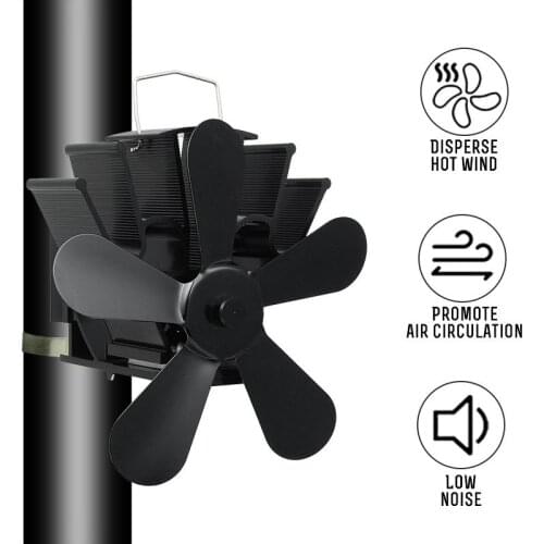 5 Blades Fireplace Stove Fan Black Log Wood Burner Accessories Home Fireplace Fan Winter Warmer Stove Heat Powered Fireplace Fan