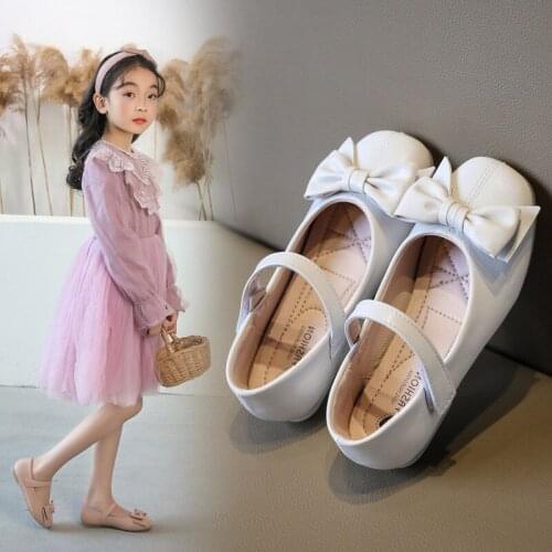 Spring Autumn Girls Leather Shoes soft soles bow-knot Princess Shoes For Wedding Party Kids Single Shoes chaussure fille Beige