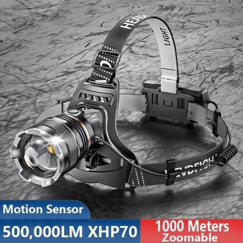 500000LM XHP70 Powerful Sensor Led Headlamp Zoom High Power USB Rechargeable Fishing Headlight 18650 Camp Head Torch Waterproof